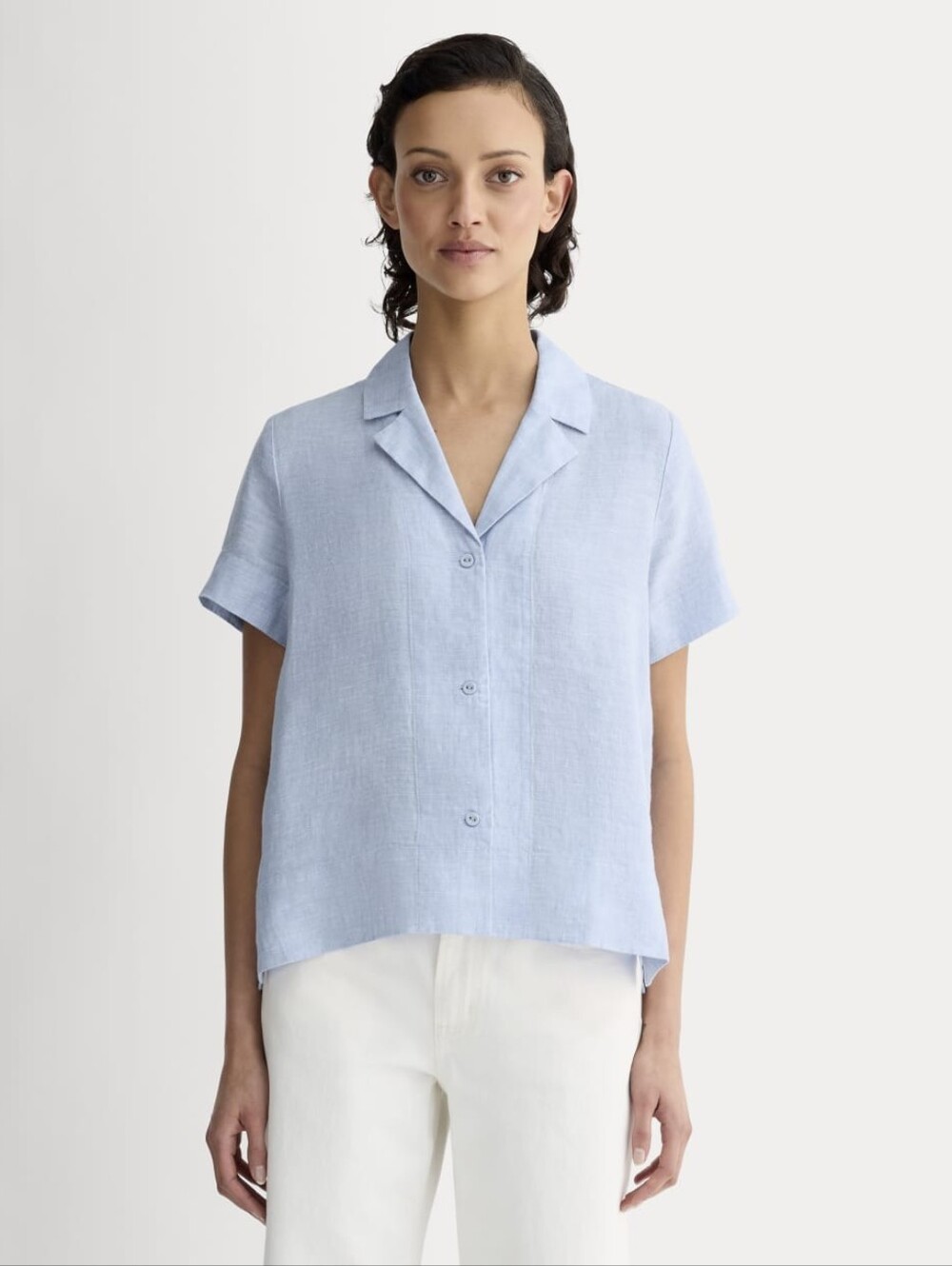 Everlane Shirt Womens XXS 2XS Blue Linen Notch Button Up Short Sleeve Camp